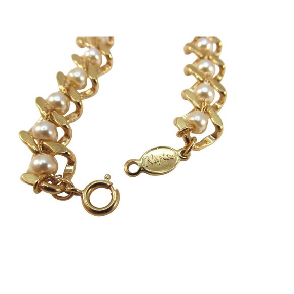 Vintage Napier Goldtone Faux Pearl Link Bracelet - Picture 7 of 9